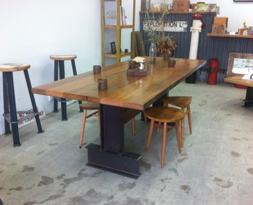 I-Beam Pedestal Base Dining Table with Darker Hardwood Top