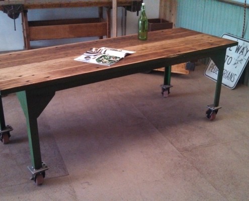 Reclaimed Green Industrial Dining Table with Castors