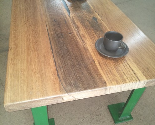 Coffee Table - Industrial Green Metal Frame with Mixed Hardwood Top