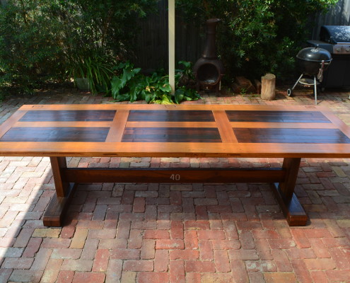 Bespoke Outdoor Pedestal Table with Recycled Hardwoods & Salvaged Chapel Door