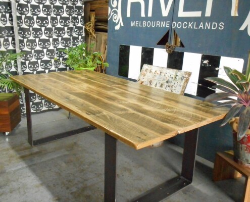 Grey Weathered & Distressed Hardwood Dining Table with Flat Metal Box Ends